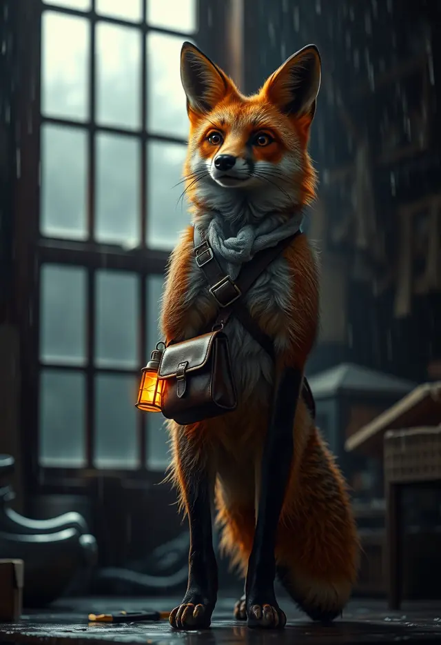 A synthetic red fox courier wearing a scarf and shoulder satchel