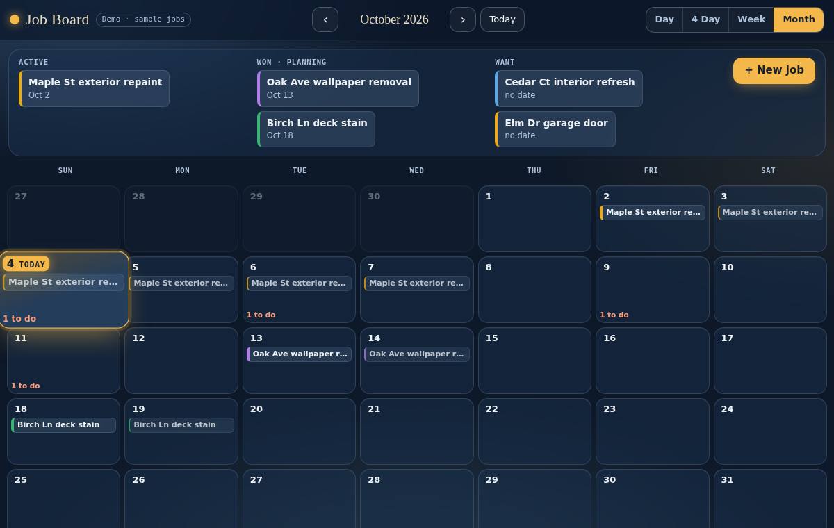 The Job Board demo: a month calendar of sample painting jobs, estimates and follow-ups.