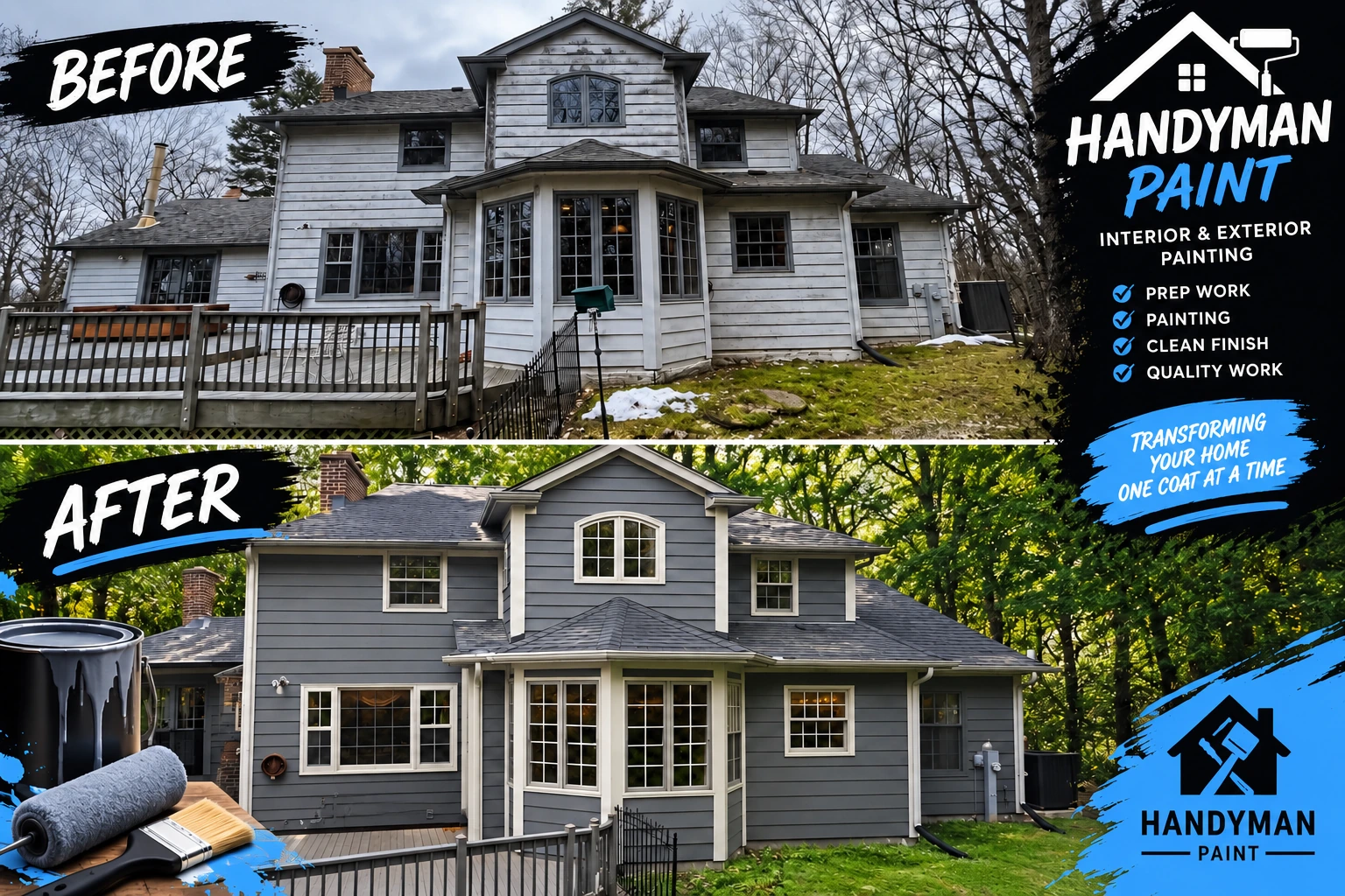 The Handyman Help before-and-after brand artwork, with blue accents and contrasting house finishes